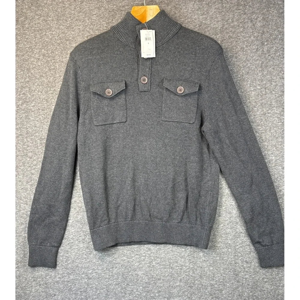 NWT Banana Republic Gray Mock Neck Button Pullover Sweater Men Size S Preppy Top